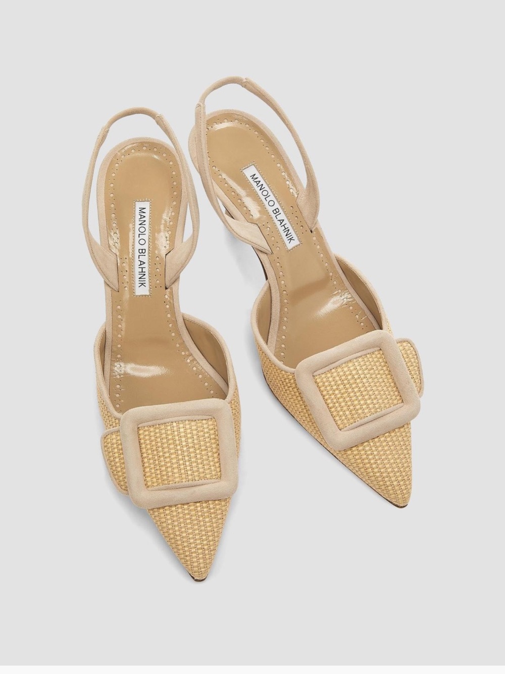 Manolo Blahnik Beige Raffia Pointed Slingback Pumps with Buckle